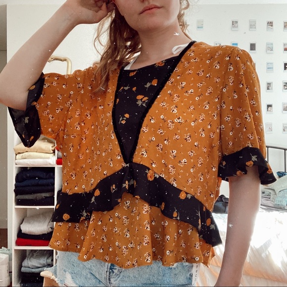 Tops - Rust Orange and Black Floral Peplum Top